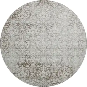Photo of 8' X 8' Chocolate And Ivory Damask Washable Round Rug With UV Protection