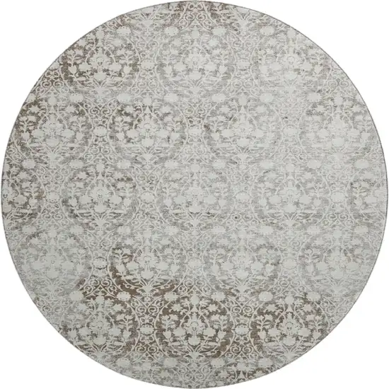8' X 8' Chocolate And Ivory Damask Washable Round Rug With UV Protection Photo 1
