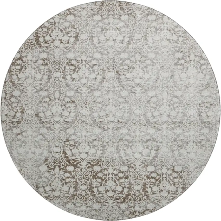 8' X 8' Chocolate And Ivory Damask Washable Round Rug With UV Protection Photo 1