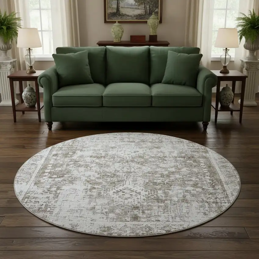 8' X 8' Chocolate And Ivory Oriental Washable Round Rug With UV Protection Photo 2