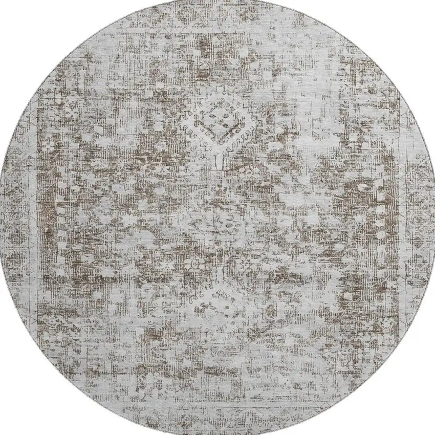 8' X 8' Chocolate And Ivory Oriental Washable Round Rug With UV Protection Photo 3