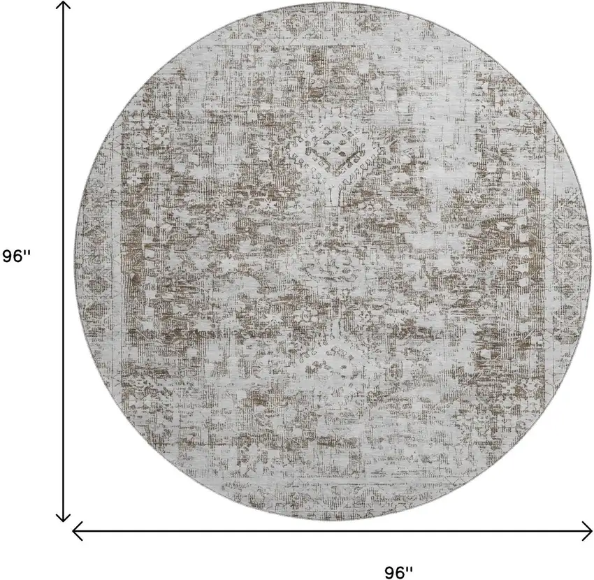 8' X 8' Chocolate And Ivory Oriental Washable Round Rug With UV Protection Photo 9