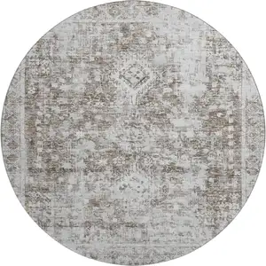 Photo of 8' X 8' Chocolate And Ivory Oriental Washable Round Rug With UV Protection