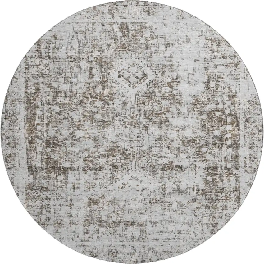 8' X 8' Chocolate And Ivory Oriental Washable Round Rug With UV Protection Photo 1