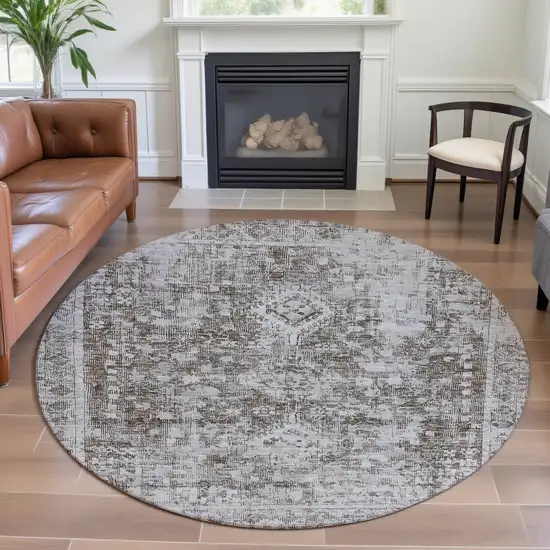 8' X 8' Chocolate And Ivory Oriental Washable Round Rug With UV Protection Photo 4