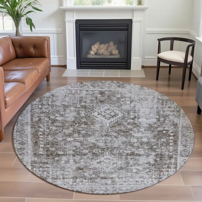 8' X 8' Chocolate And Ivory Oriental Washable Round Rug With UV Protection Photo 4