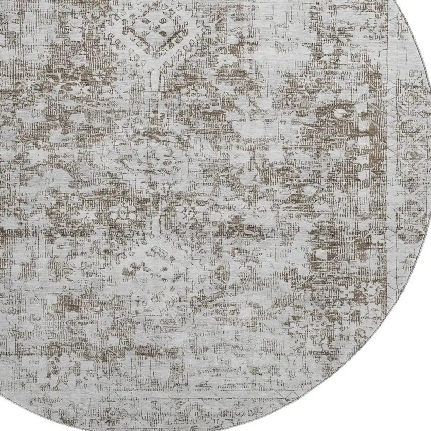 8' X 8' Chocolate And Ivory Oriental Washable Round Rug With UV Protection Photo 2