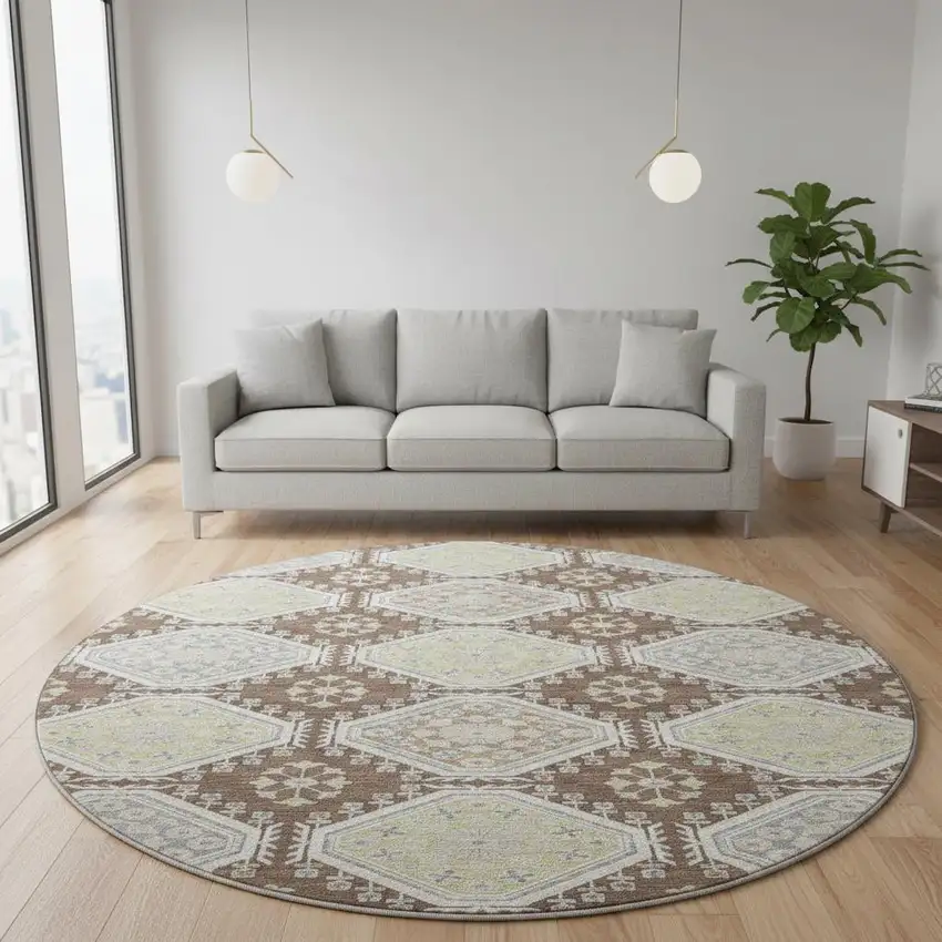 8' X 8' Chocolate Beige And Blue Floral Washable Round Rug With UV Protection Photo 2