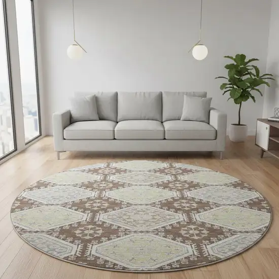 8' X 8' Chocolate Beige And Blue Floral Washable Round Rug With UV Protection Photo 2
