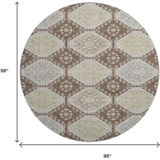 8' X 8' Chocolate Beige And Blue Floral Washable Round Rug With UV Protection Photo 9