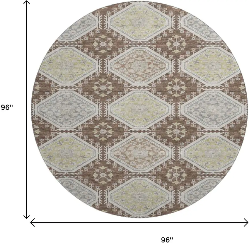 8' X 8' Chocolate Beige And Blue Floral Washable Round Rug With UV Protection Photo 9