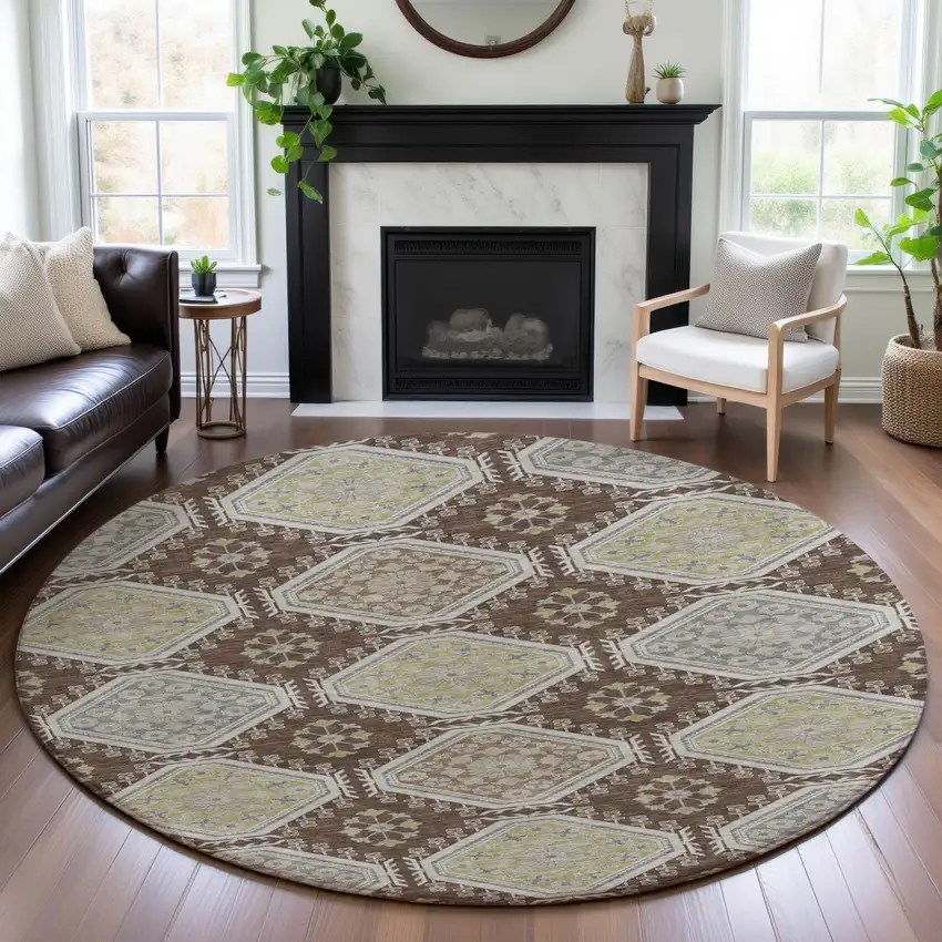 8' X 8' Chocolate Beige And Blue Floral Washable Round Rug With UV Protection Photo 4