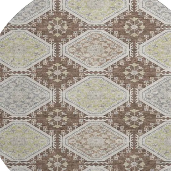 8' X 8' Chocolate Beige And Blue Floral Washable Round Rug With UV Protection Photo 2