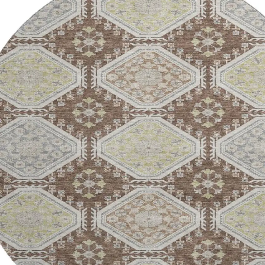 8' X 8' Chocolate Beige And Blue Floral Washable Round Rug With UV Protection Photo 2
