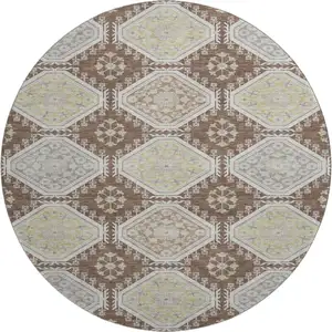 Photo of 8' X 8' Chocolate Beige And Blue Floral Washable Round Rug With UV Protection