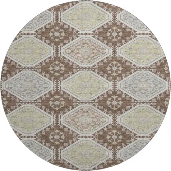 8' X 8' Chocolate Beige And Blue Floral Washable Round Rug With UV Protection Photo 1