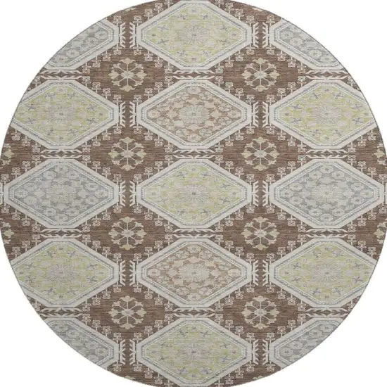 8' X 8' Chocolate Beige And Blue Floral Washable Round Rug With UV Protection Photo 3