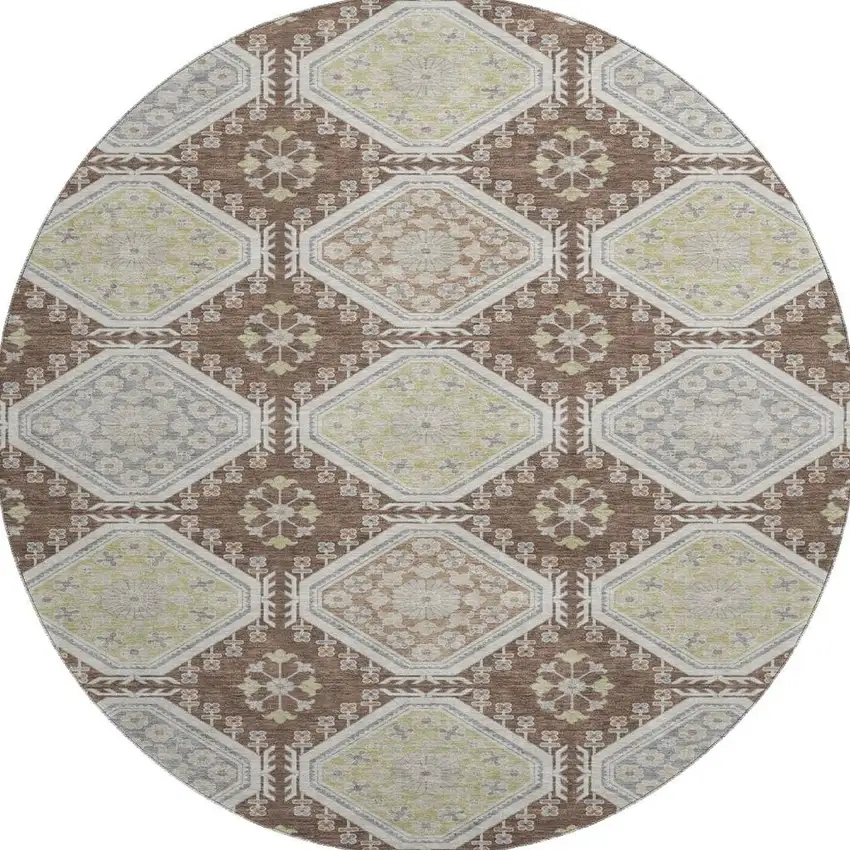 8' X 8' Chocolate Beige And Blue Floral Washable Round Rug With UV Protection Photo 3