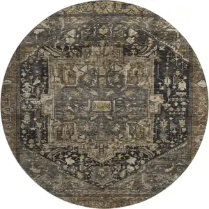 Photo of 8' X 8' Chocolate Charcoal And Beige Oriental Washable Round Rug With UV Protection