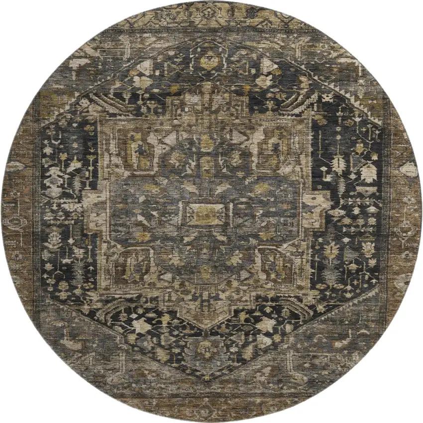 8' X 8' Chocolate Charcoal And Beige Oriental Washable Round Rug With UV Protection Photo 1