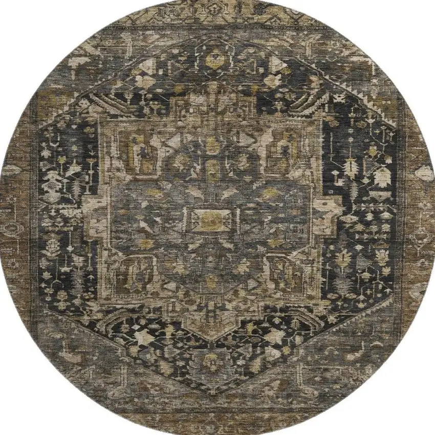 8' X 8' Chocolate Charcoal And Beige Oriental Washable Round Rug With UV Protection Photo 3