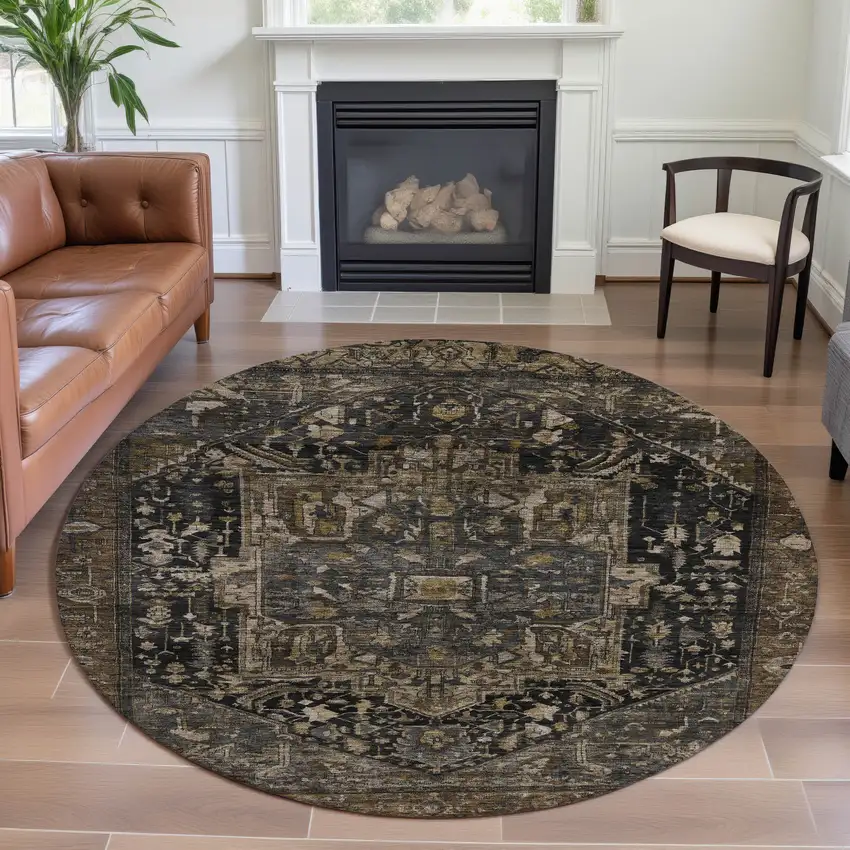 8' X 8' Chocolate Charcoal And Beige Oriental Washable Round Rug With UV Protection Photo 4
