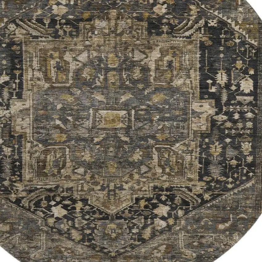 8' X 8' Chocolate Charcoal And Beige Oriental Washable Round Rug With UV Protection Photo 2