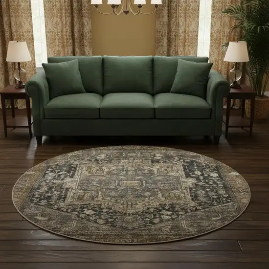 8' X 8' Chocolate Charcoal And Beige Oriental Washable Round Rug With UV Protection Photo 2