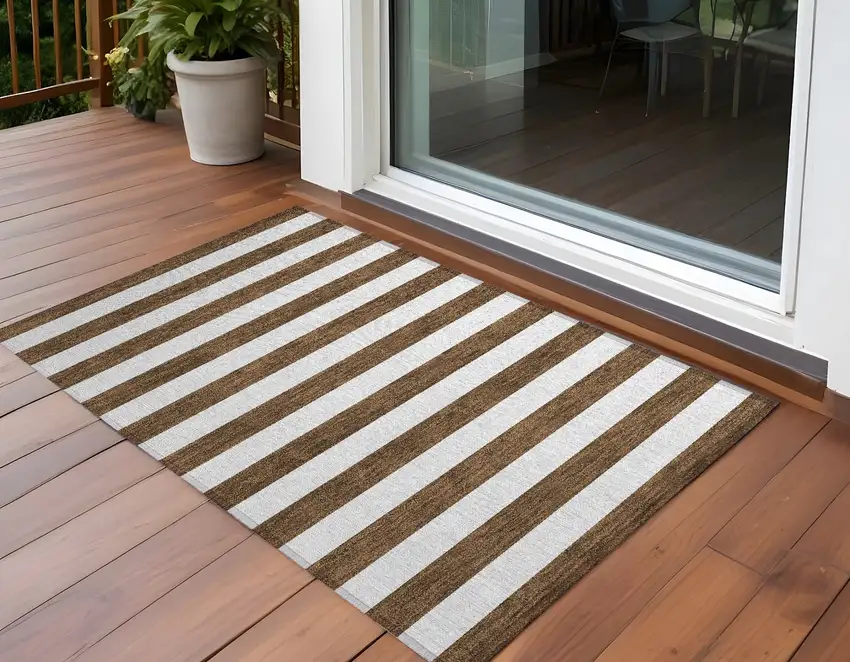 Chocolate Striped Washable Non Skid Indoor Outdoor Area Rug Photo 1