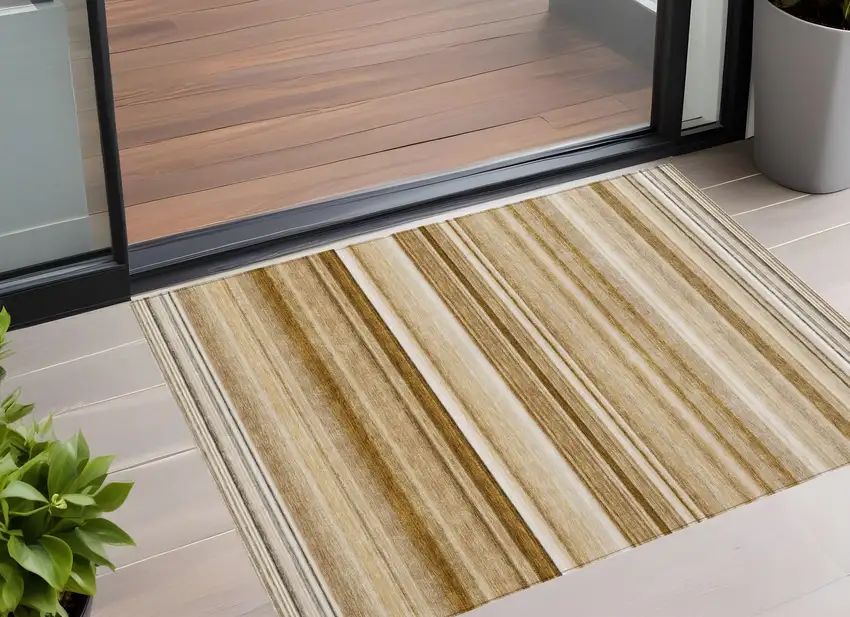 Chocolate Striped Washable Non Skid Indoor Outdoor Area Rug Photo 1
