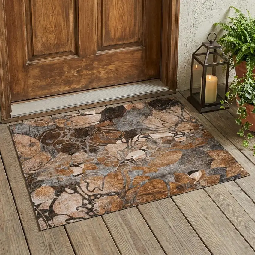 Chocolate Terracotta and Ivory Abstract Washable Indoor Outdoor Area Rug Photo 1