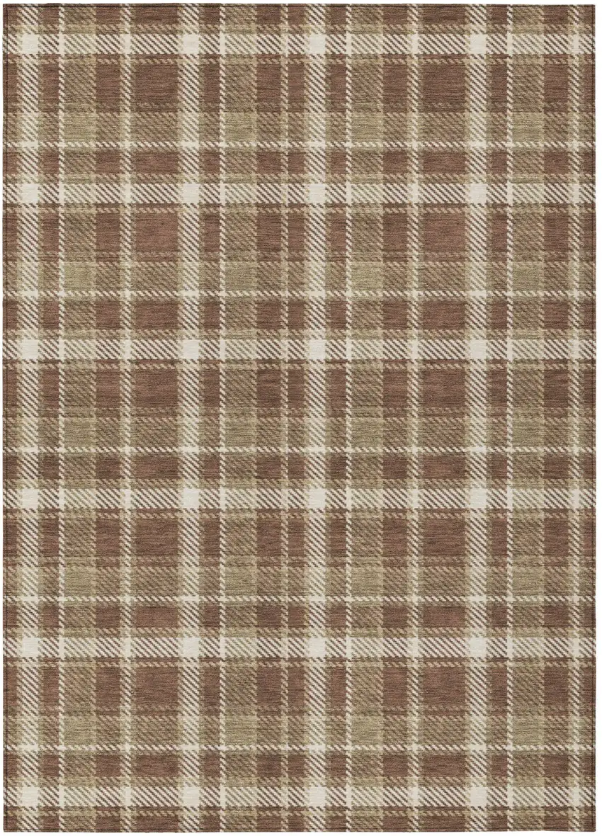 Chocolate and Ivory Plaid Washable Non Skid Indoor Outdoor Area Rug Photo 2