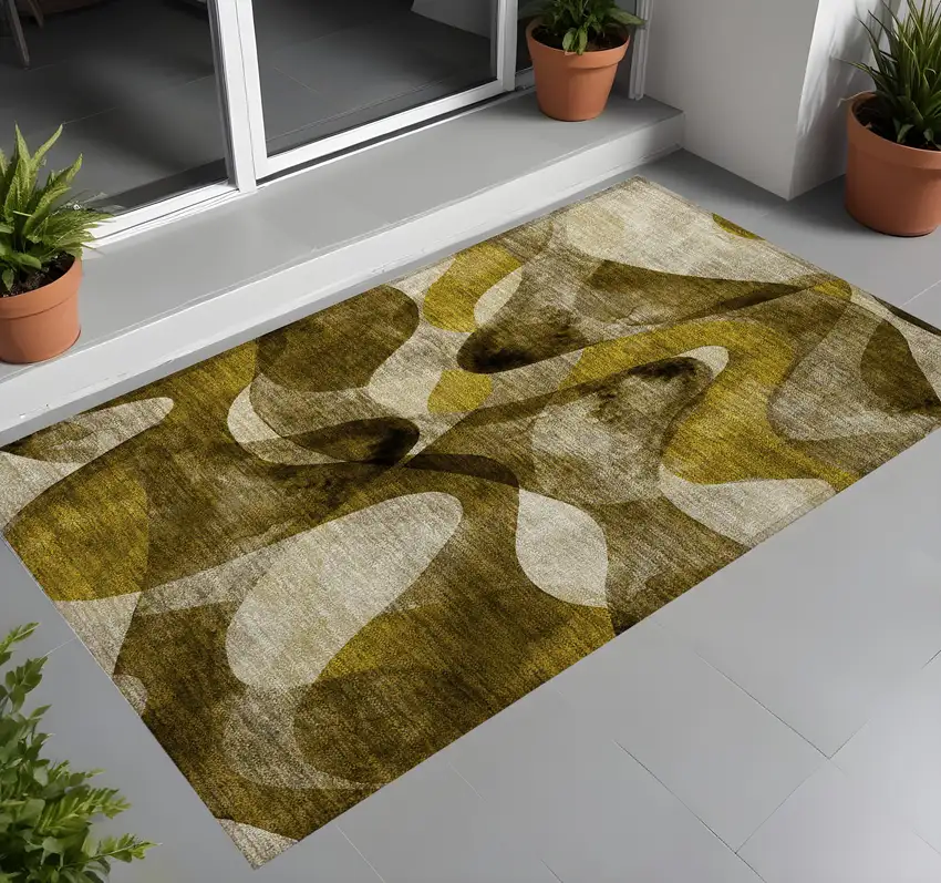 Coffee Abstract Washable Non Skid Indoor Outdoor Area Rug Photo 1
