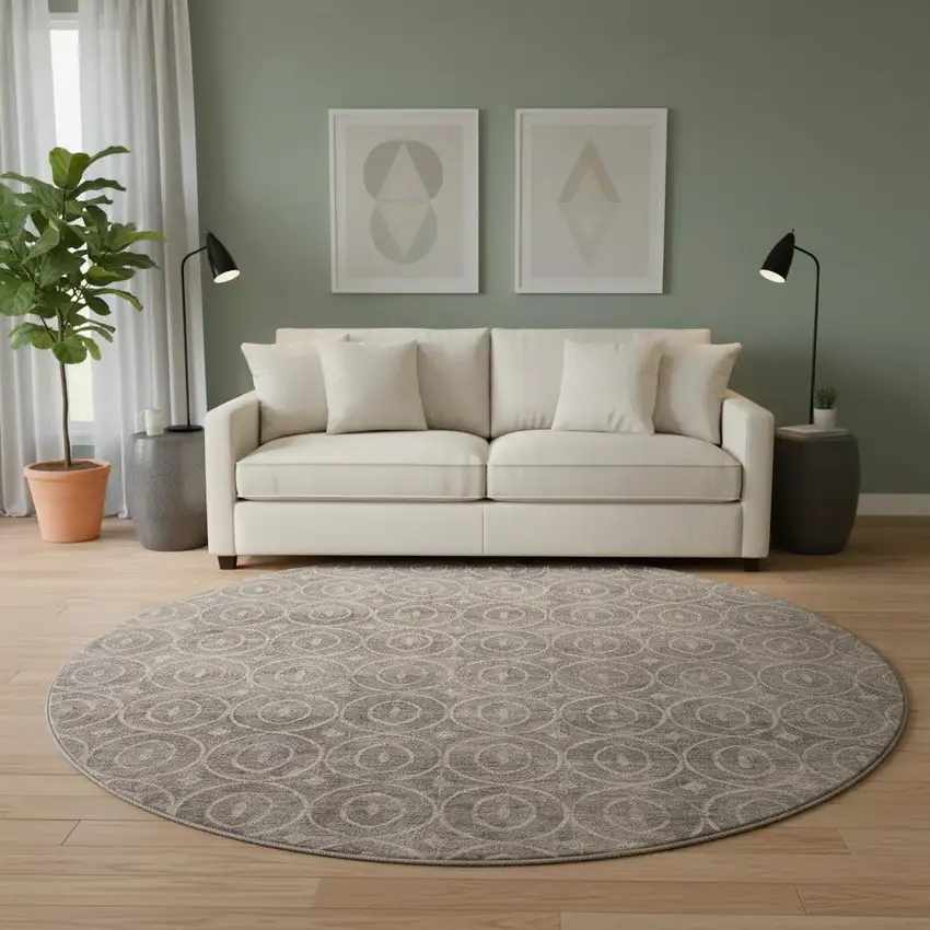 8' X 8' Coffee And Beige Geometric Washable Round Rug With UV Protection Photo 2