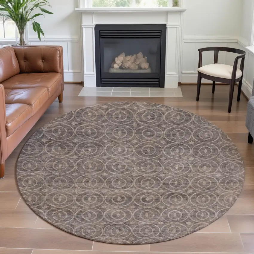 8' X 8' Coffee And Beige Geometric Washable Round Rug With UV Protection Photo 3
