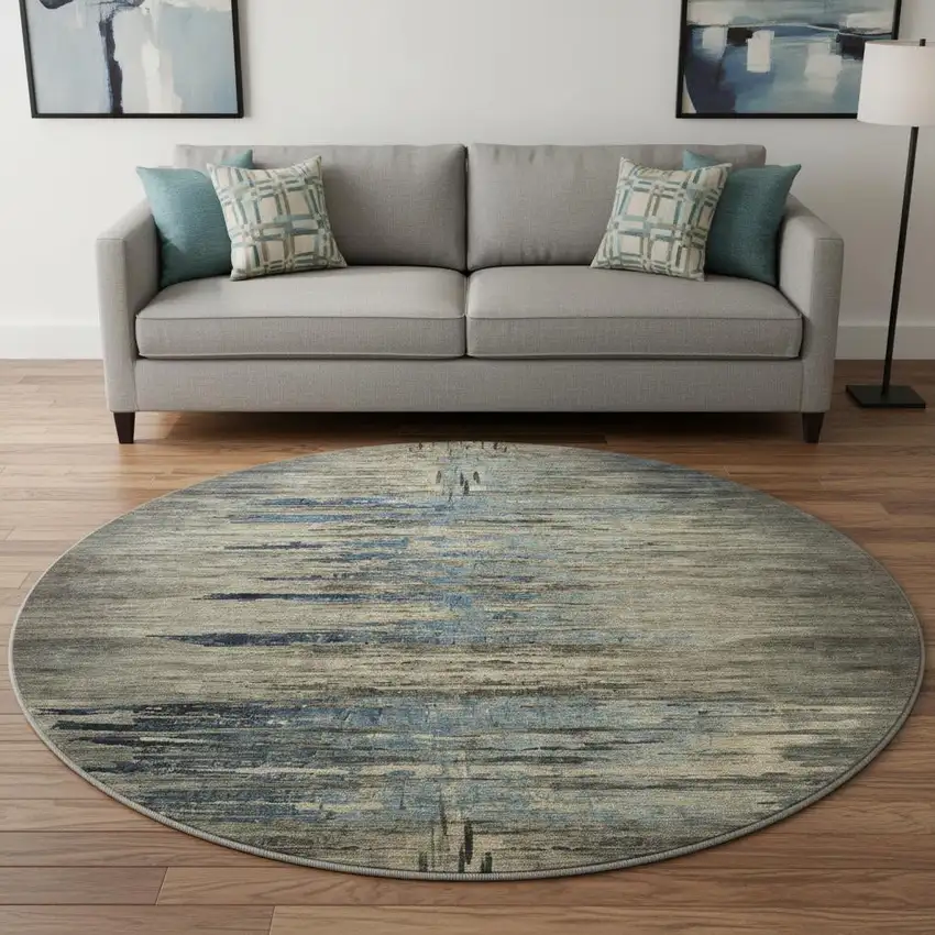 8' X 8' Coffee And Navy Blue Abstract Washable Round Rug With UV Protection Photo 2