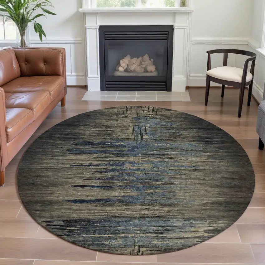 8' X 8' Coffee And Navy Blue Abstract Washable Round Rug With UV Protection Photo 4