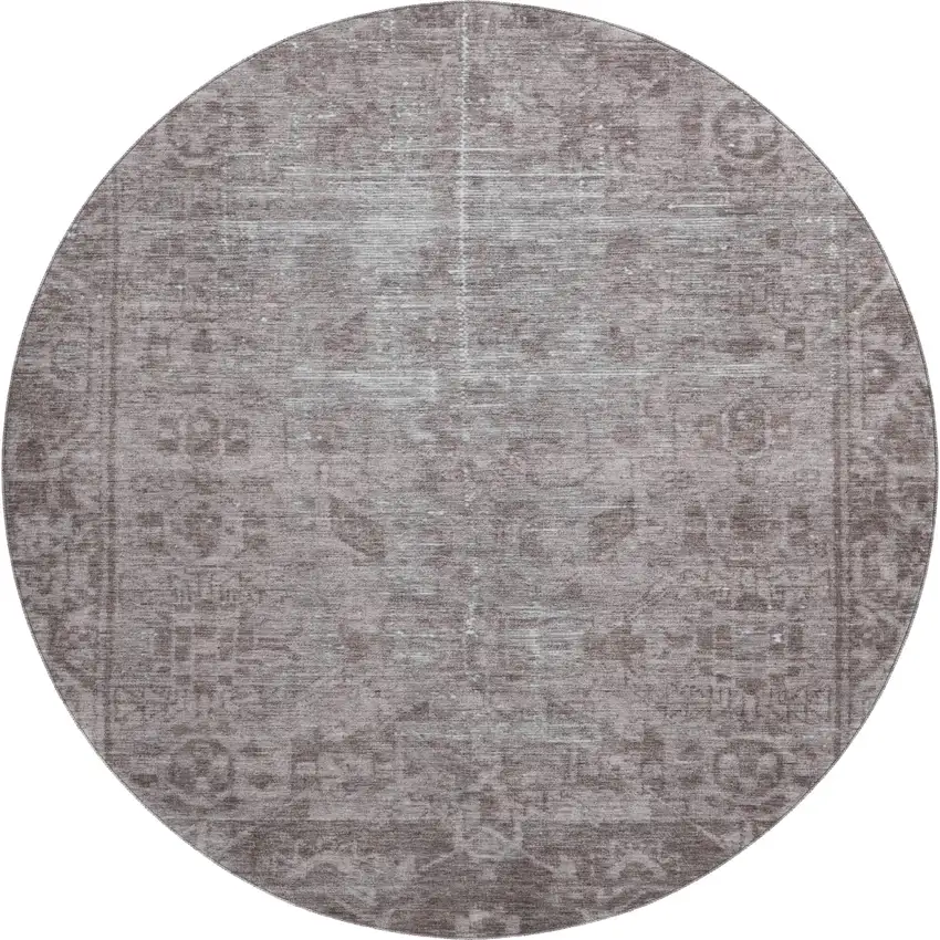 8' X 8' Coffee And Silver Oriental Washable Round Rug With UV Protection Photo 1