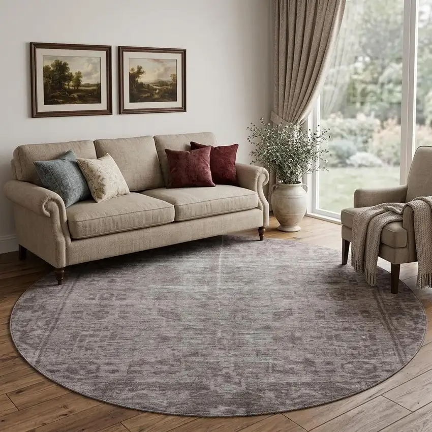 8' X 8' Coffee And Silver Oriental Washable Round Rug With UV Protection Photo 1