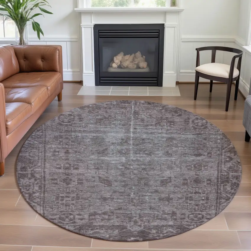 8' X 8' Coffee And Silver Oriental Washable Round Rug With UV Protection Photo 4