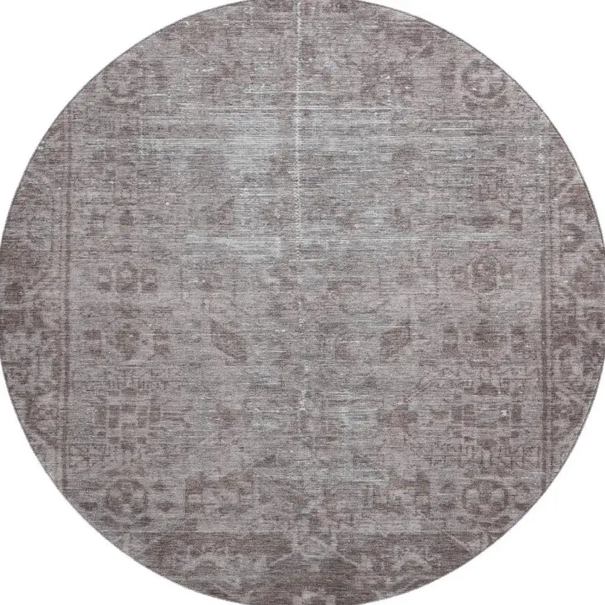 8' X 8' Coffee And Silver Oriental Washable Round Rug With UV Protection Photo 3