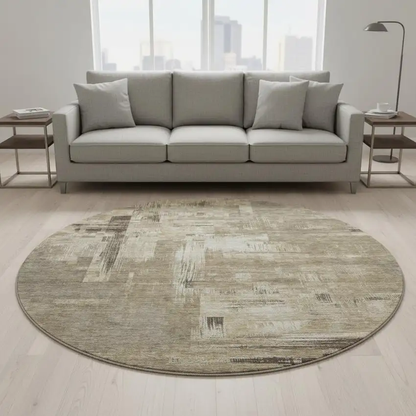 8' X 8' Coffee Beige And Ivory Abstract Washable Round Rug With UV Protection Photo 2