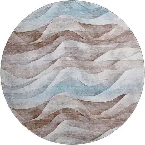 8' X 8' Coffee Blue And Ivory Abstract Washable Round Rug With UV Protection Photo 1