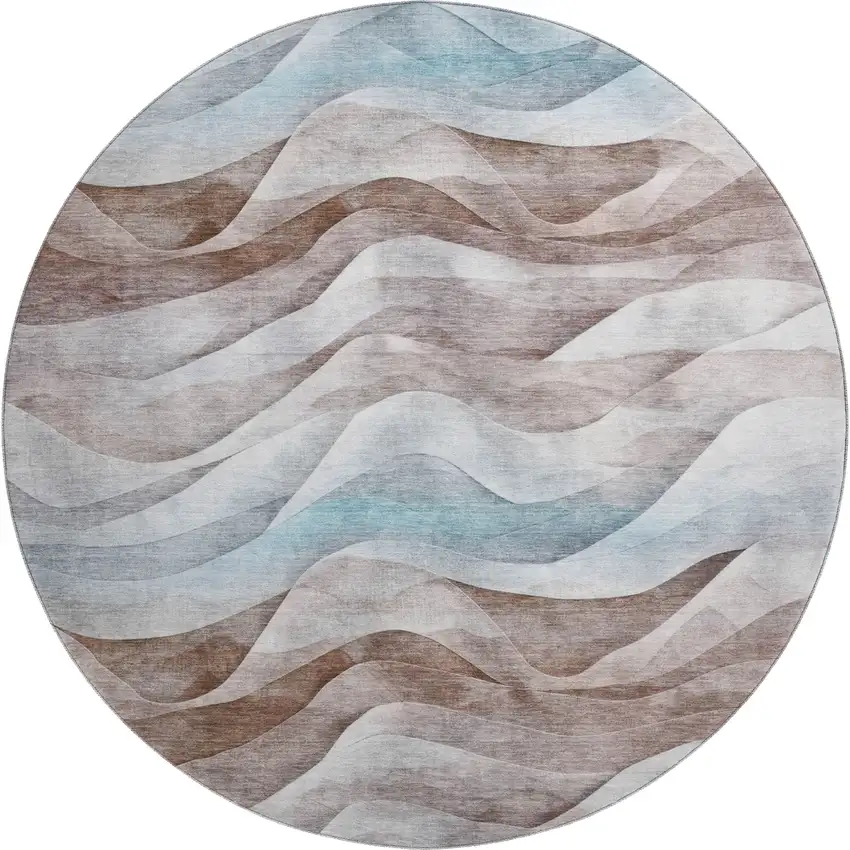 8' X 8' Coffee Blue And Ivory Abstract Washable Round Rug With UV Protection Photo 1