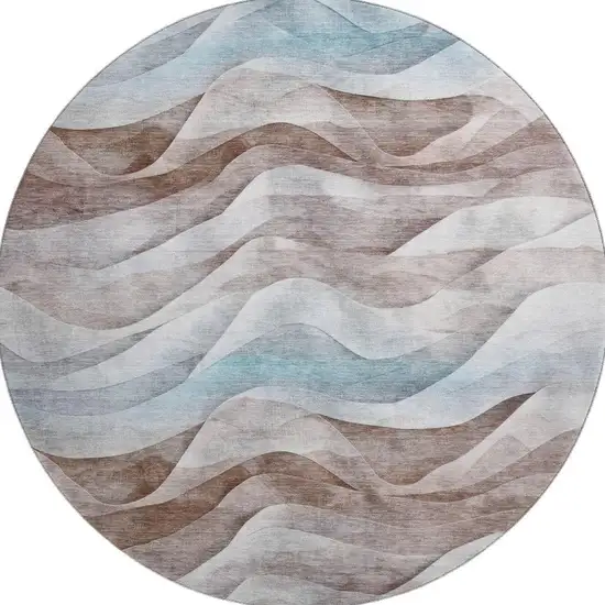 8' X 8' Coffee Blue And Ivory Abstract Washable Round Rug With UV Protection Photo 3