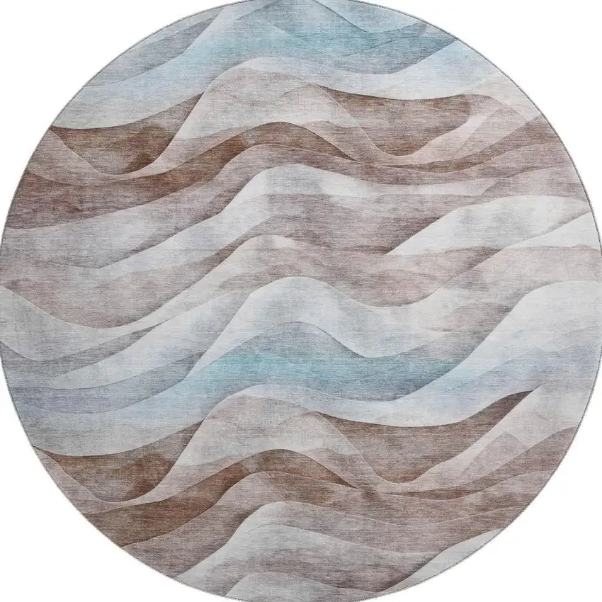 8' X 8' Coffee Blue And Ivory Abstract Washable Round Rug With UV Protection Photo 3