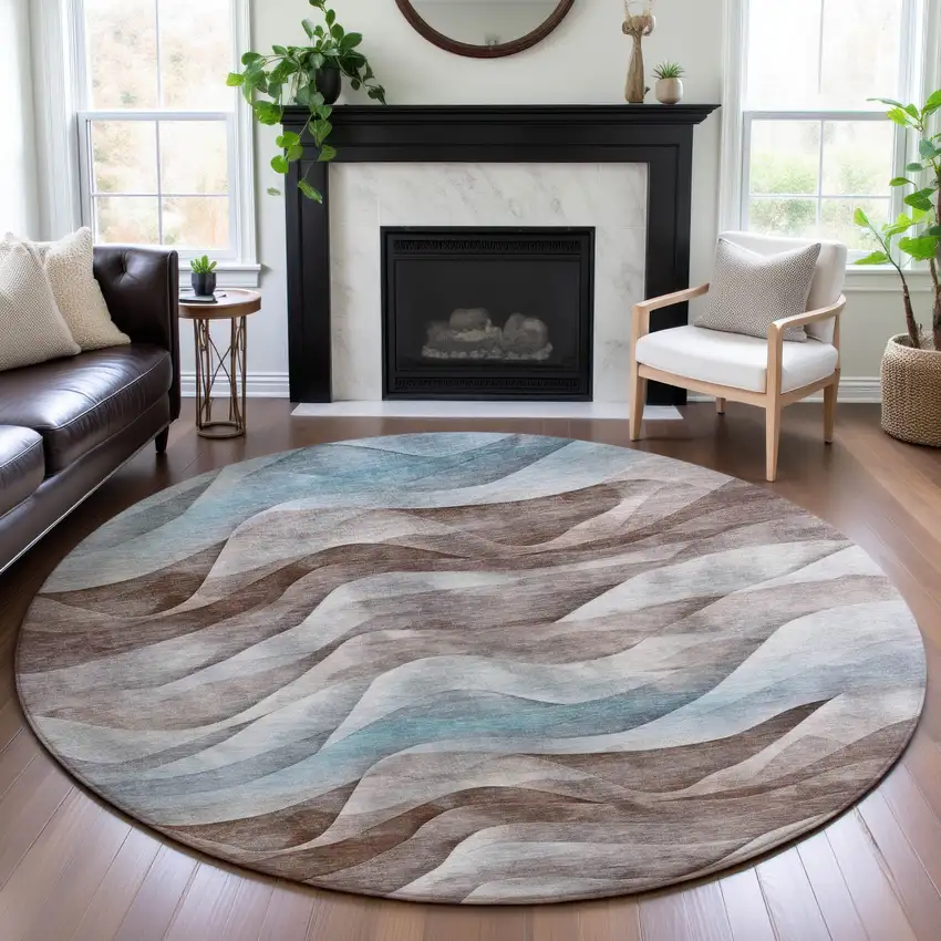 8' X 8' Coffee Blue And Ivory Abstract Washable Round Rug With UV Protection Photo 4