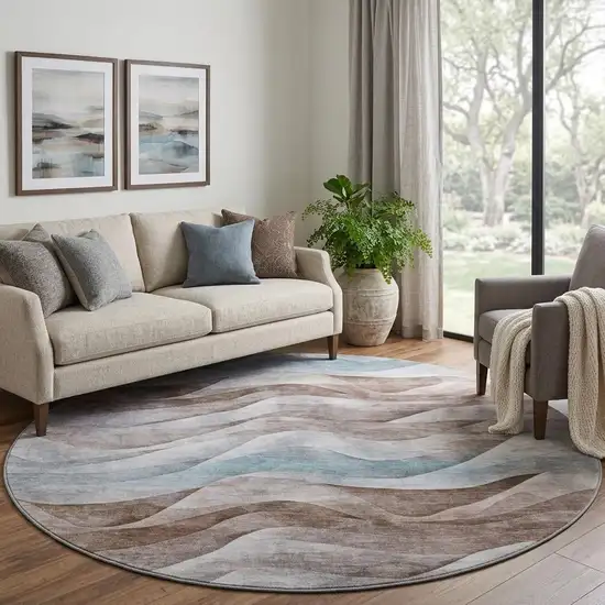 8' X 8' Coffee Blue And Ivory Abstract Washable Round Rug With UV Protection Photo 1