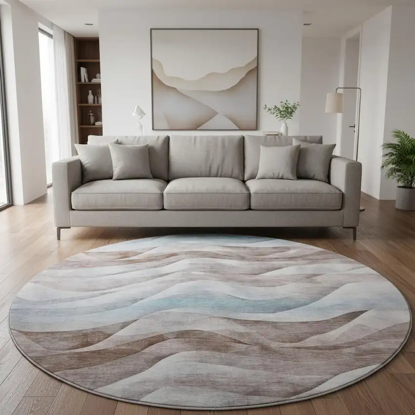 8' X 8' Coffee Blue And Ivory Abstract Washable Round Rug With UV Protection Photo 2