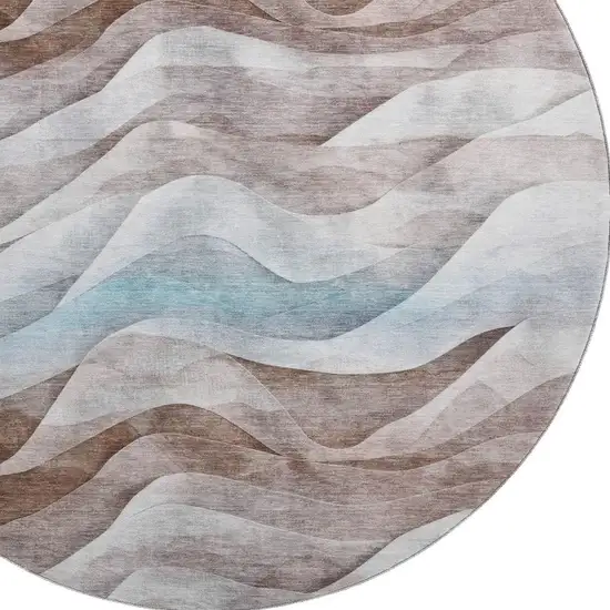 8' X 8' Coffee Blue And Ivory Abstract Washable Round Rug With UV Protection Photo 2